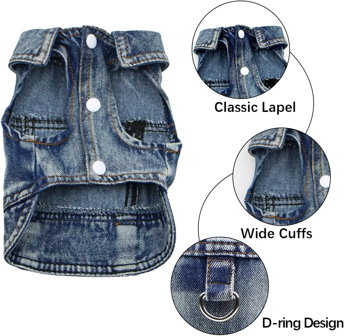 Dog Jean Jacket, Blue Denim Shirt Classic Lapel Vest Coat Costume Puppy T-Shirt, Comfort Tank Top Cool Apparel, Washed Pet Clothes for Dogs Boy Girl (with D-Ring, Large)