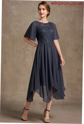 Dress Bride Lace Mother Sequins Scoop Mother of the Bride Dresses Tea-Length Chiffon Neck the Lyric of A-Line With