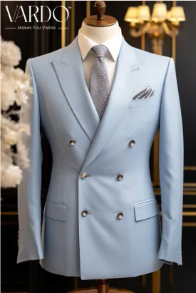 Elegant Light Sky Blue Double Breasted Suit for Men  - Tailored Fit, The Rising Sun store, Vardo