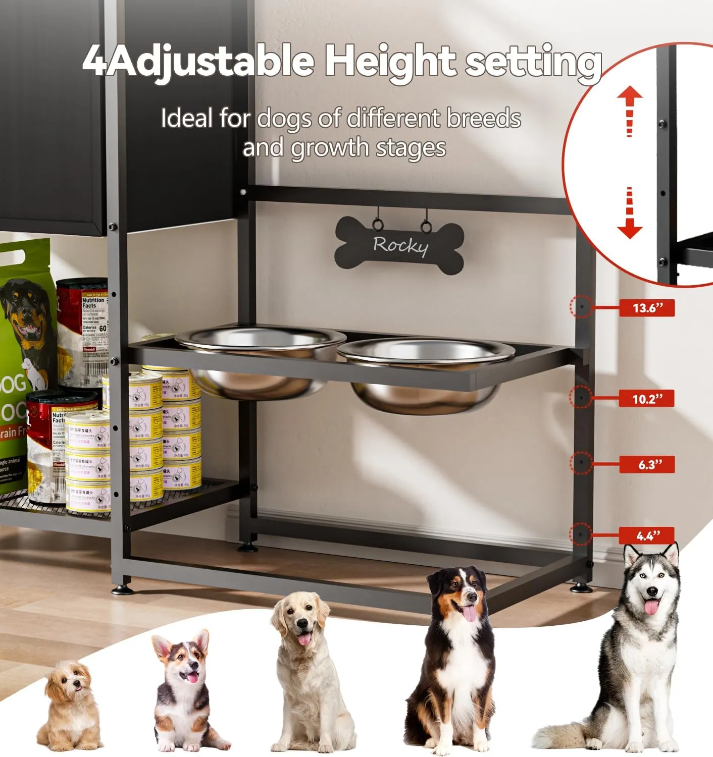 Elevated Dog Bowls Raised Dog Bowl for Large Dogs with Dog Toy Basket Adjusable Height with 2 Stainless Steel Dog Food Bowls Dog Bowls for Large Dogs Dog Food Container