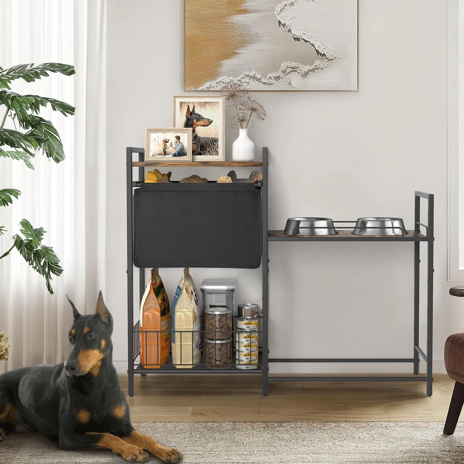 Elevated Dog Bowls, Raised Dog Bowl Stand with Dog Toy Bin Basket Dog Food and Water Bowl Feeding Station, Lifted Dog Bowl Holder Cabinet with Pet Storage Organizer for XLarge Medium Dogs