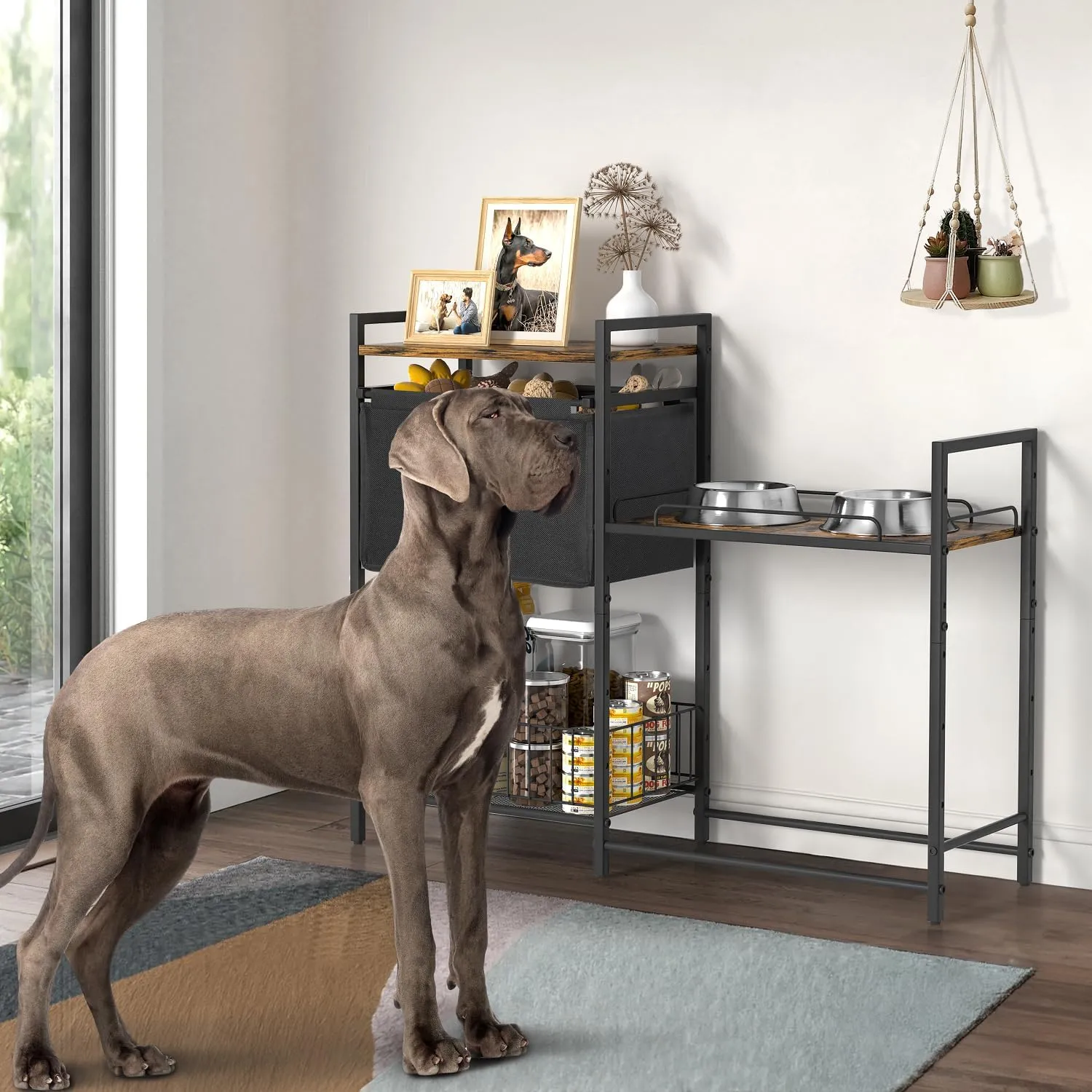 Elevated Dog Bowls, Raised Dog Bowl Stand with Dog Toy Bin Basket Dog Food and Water Bowl Feeding Station, Lifted Dog Bowl Holder Cabinet with Pet Storage Organizer for XLarge Medium Dogs