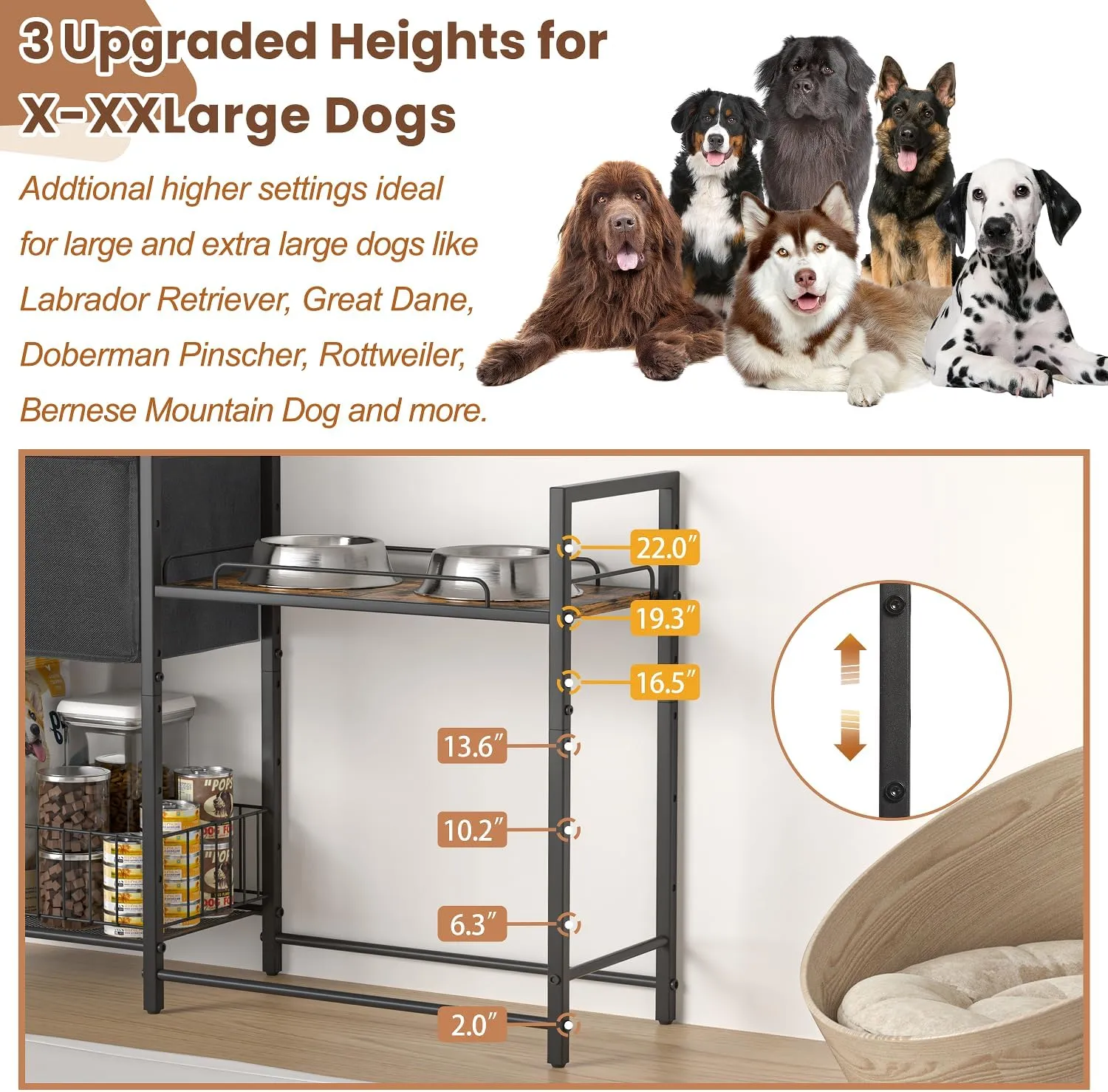 Elevated Dog Bowls, Raised Dog Bowl Stand with Dog Toy Bin Basket Dog Food and Water Bowl Feeding Station, Lifted Dog Bowl Holder Cabinet with Pet Storage Organizer for XLarge Medium Dogs