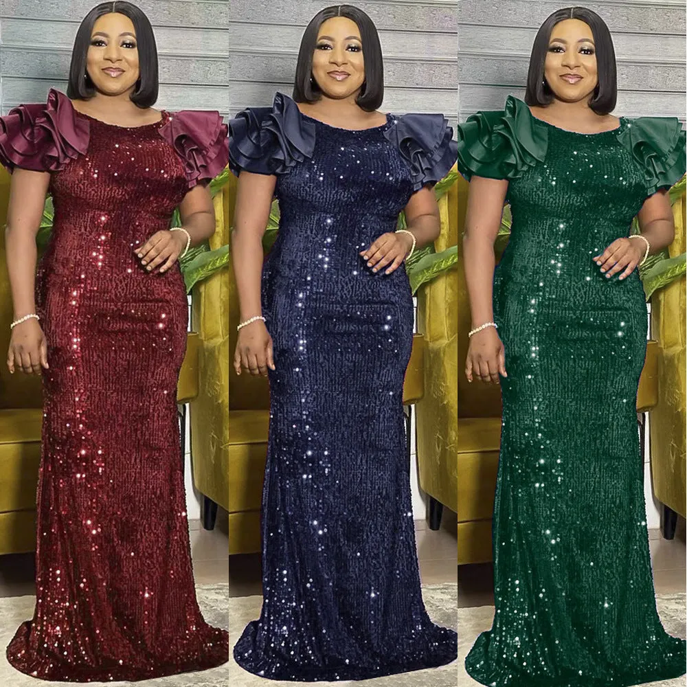 Evening Basic Model Sequined Fishtail Plus Size Women's Dress