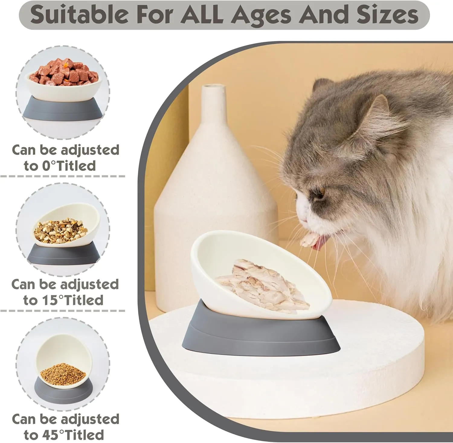 French Bulldog Food Bowl- Slanted Tilted Pug Food Water Bowl,Cat Bowl- Feeder for Frenchie/Shih Tzu/Flat Faced Small Dogs/Puppies/Cats (Grey, 4 Cup)