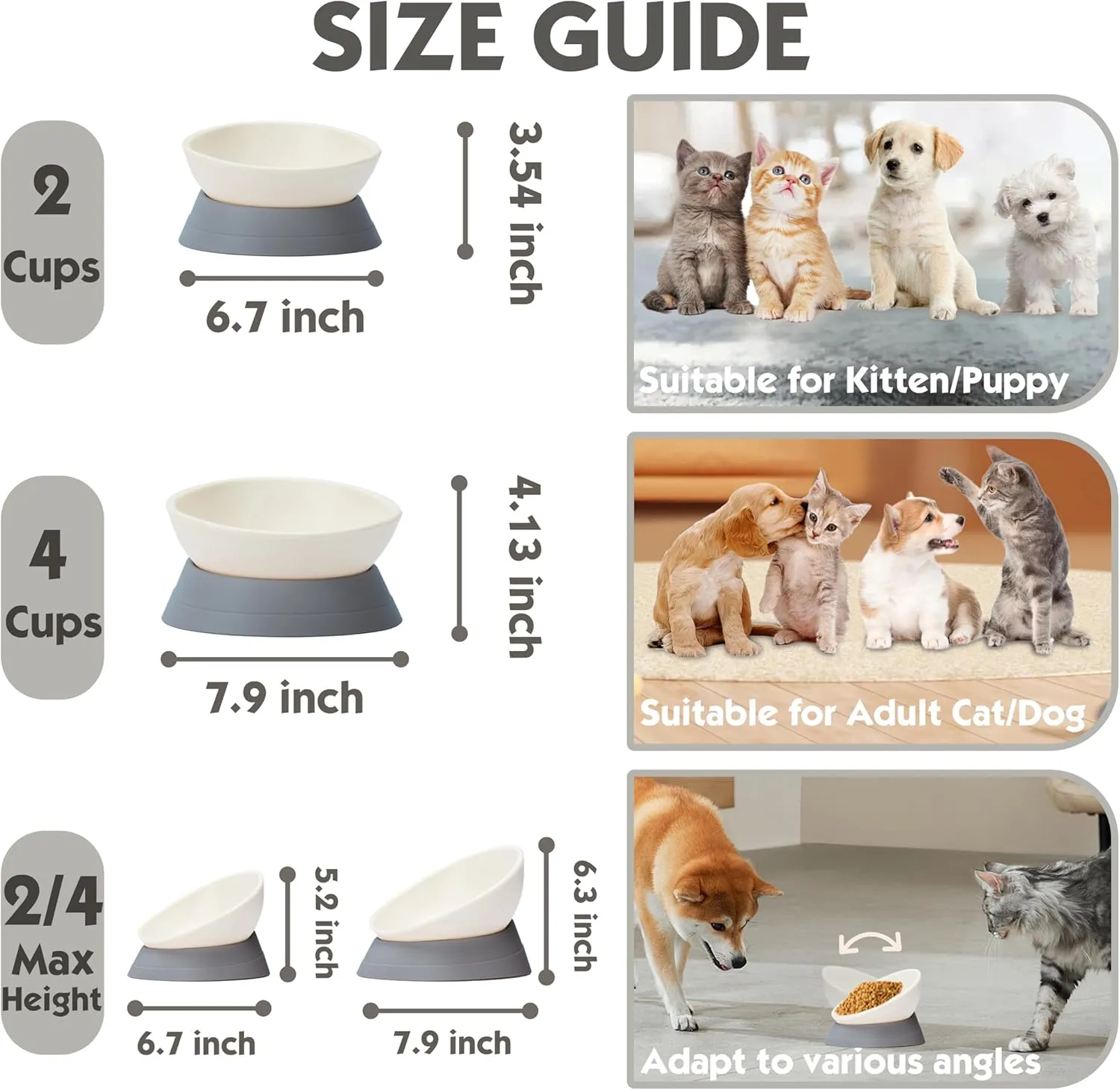 French Bulldog Food Bowl- Slanted Tilted Pug Food Water Bowl,Cat Bowl- Feeder for Frenchie/Shih Tzu/Flat Faced Small Dogs/Puppies/Cats (Grey, 4 Cup)