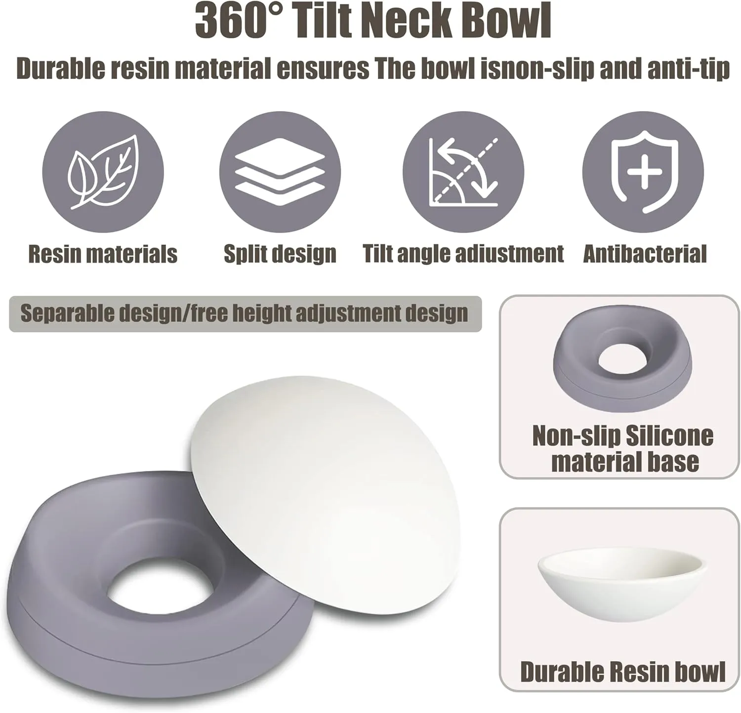 French Bulldog Food Bowl- Slanted Tilted Pug Food Water Bowl,Cat Bowl- Feeder for Frenchie/Shih Tzu/Flat Faced Small Dogs/Puppies/Cats (Grey, 4 Cup)