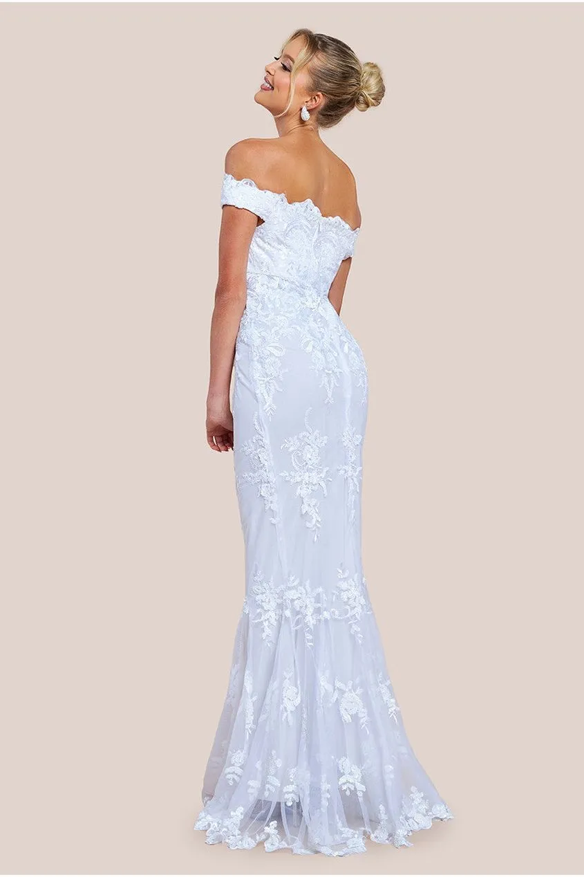 Goddiva Bardot Sequin Embroidered Maxi Dress - White