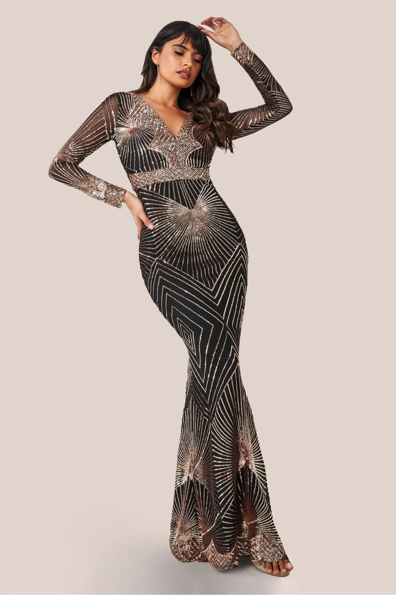 Goddiva Starburst Sequin Maxi Dress - Rosegold