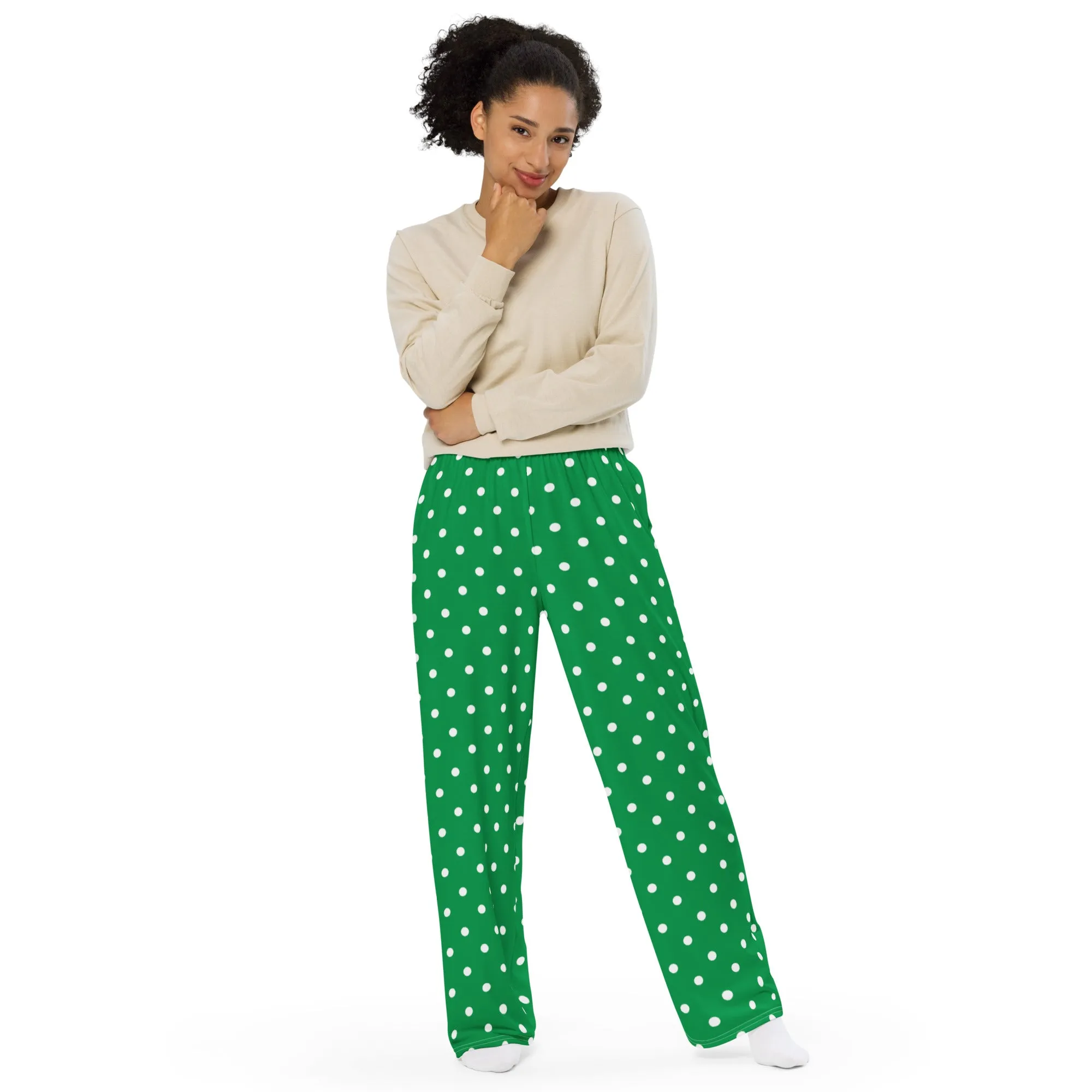 Green With White Polka Dots All-over print unisex wide-leg pants