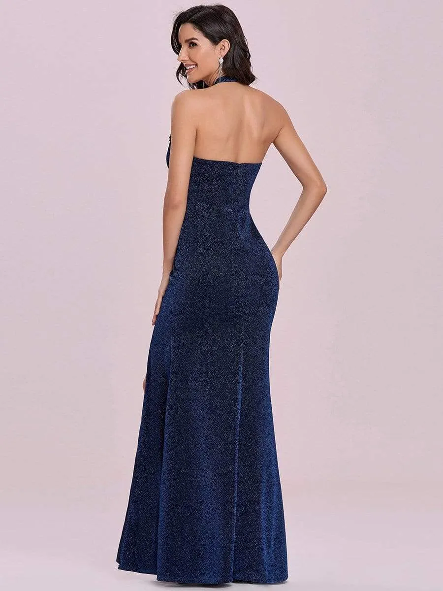 Halter Neck Floor Length Evening Dress with Cut-outs on Sides