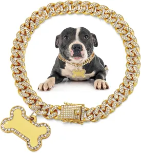 Hillban Dog Chain Golden Diamond Collar with Pet ID Jewelry Tags Rhinestones Stainless Steel Metal Link Collar Walking Chain Necklace for Puppy Boys Girls Small Dogs(16 Inch)