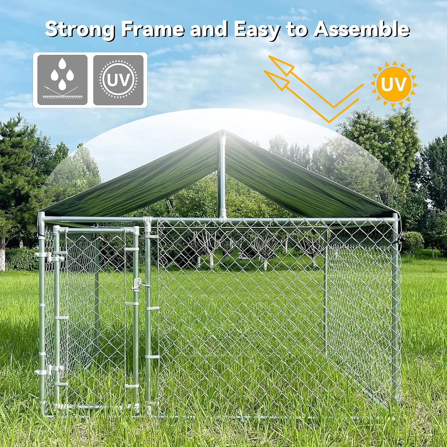 HITTITE Extra Large Outdoor Dog Kennel, Anti-Rust Dog Kennel Outside with Roof, Galvanized Chain Link Dog Runs for Outside with Waterproof UV-Resistant Cover and Secure Lock