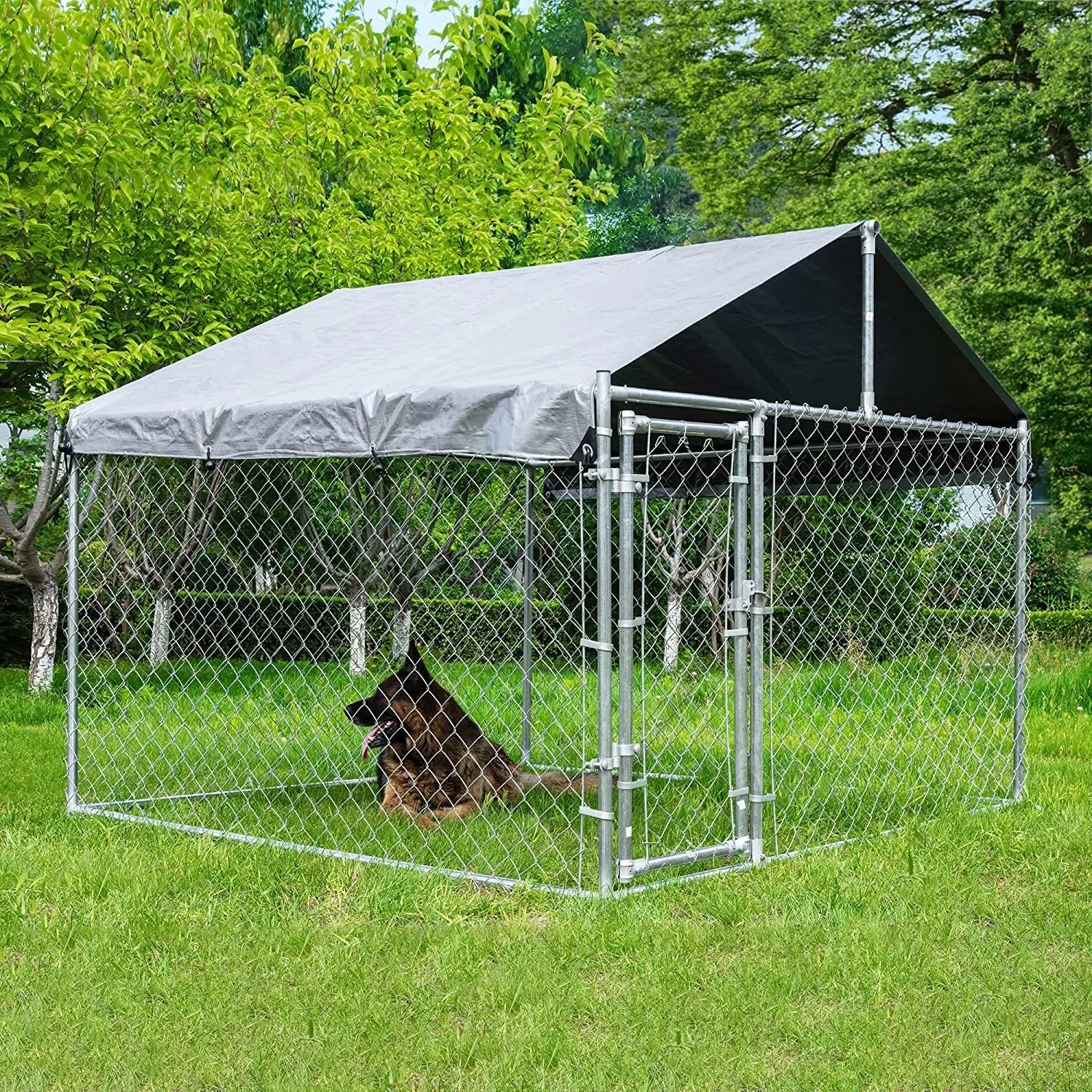 HITTITE Extra Large Outdoor Dog Kennel, Anti-Rust Dog Kennel Outside with Roof, Galvanized Chain Link Dog Runs for Outside with Waterproof UV-Resistant Cover and Secure Lock