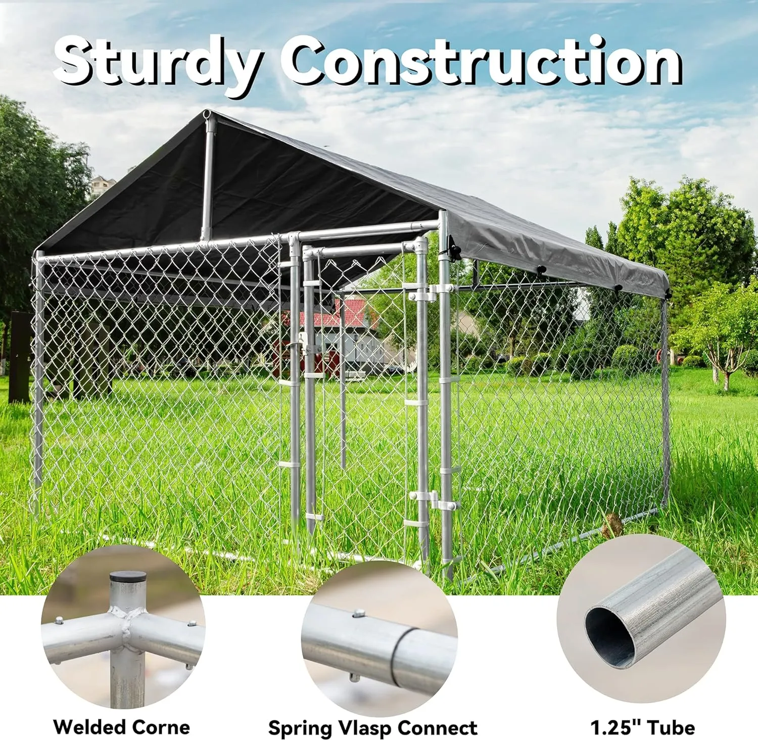 HITTITE Extra Large Outdoor Dog Kennel, Anti-Rust Dog Kennel Outside with Roof, Galvanized Chain Link Dog Runs for Outside with Waterproof UV-Resistant Cover and Secure Lock