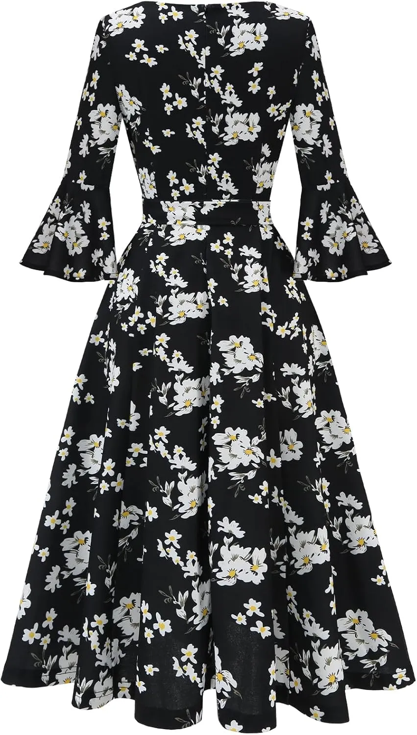 HomRain Women's Church Dresses for 2025 Wedding Guest Cocktail Tea Party Bell Sleeve Vintage Evening Graduation Dress