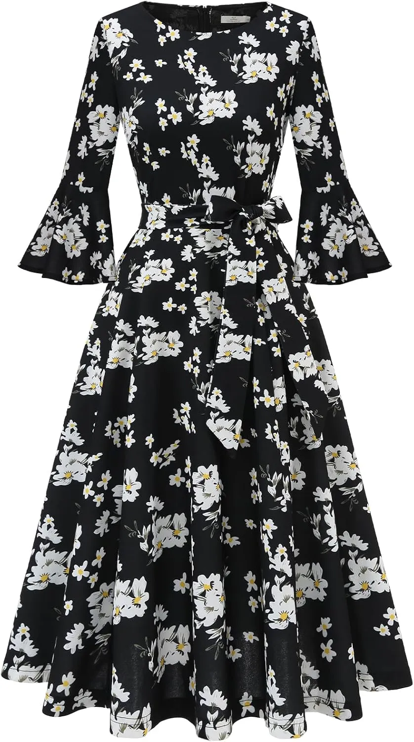 HomRain Women's Church Dresses for 2025 Wedding Guest Cocktail Tea Party Bell Sleeve Vintage Evening Graduation Dress