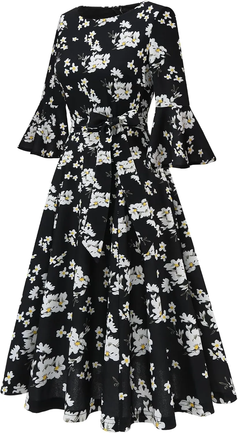 HomRain Women's Church Dresses for 2025 Wedding Guest Cocktail Tea Party Bell Sleeve Vintage Evening Graduation Dress