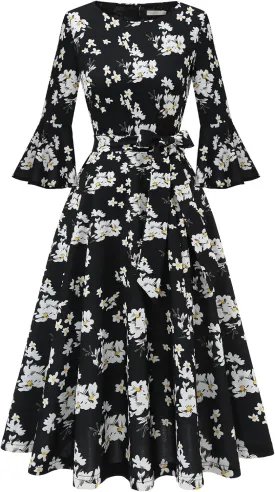 HomRain Women's Church Dresses for 2025 Wedding Guest Cocktail Tea Party Bell Sleeve Vintage Evening Graduation Dress