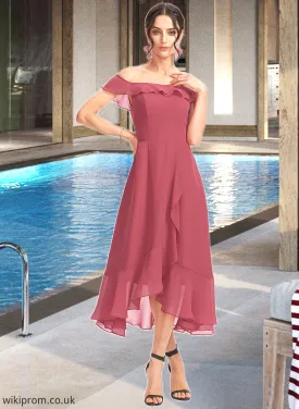 Jaelynn A-Line Off-the-Shoulder Tea-Length Bridesmaid Dress With Cascading Ruffles SWKP0013110