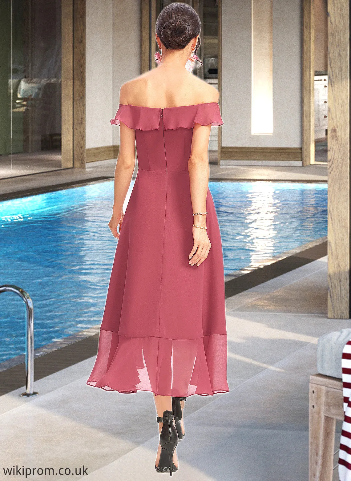 Jaelynn A-Line Off-the-Shoulder Tea-Length Bridesmaid Dress With Cascading Ruffles SWKP0013110