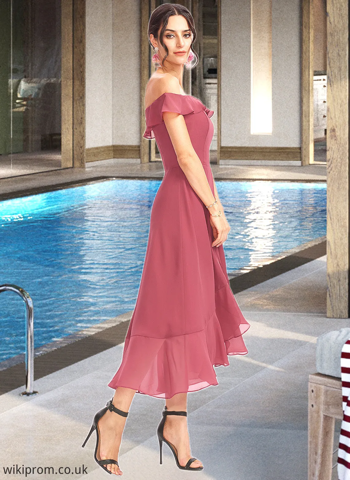 Jaelynn A-Line Off-the-Shoulder Tea-Length Bridesmaid Dress With Cascading Ruffles SWKP0013110
