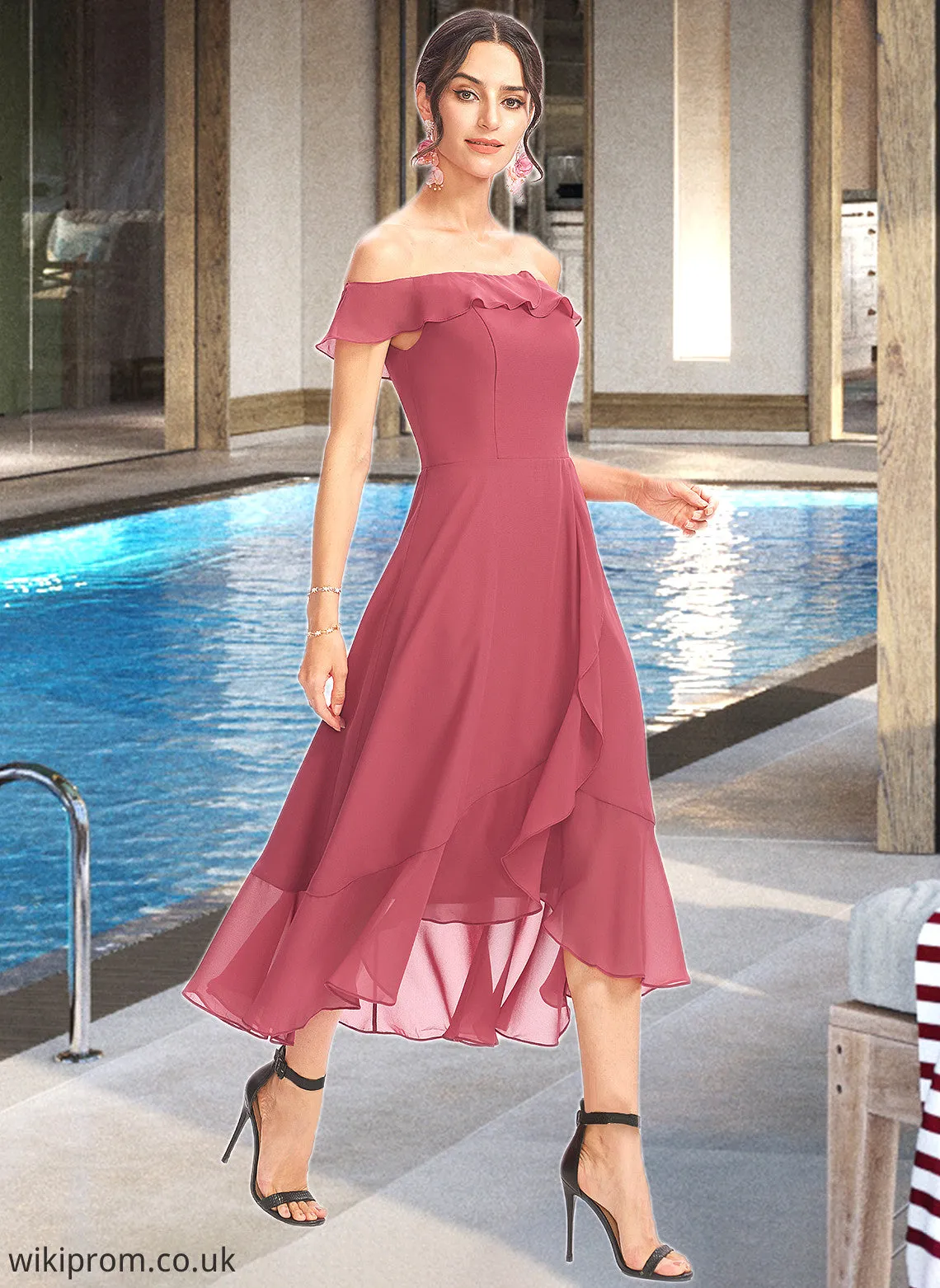 Jaelynn A-Line Off-the-Shoulder Tea-Length Bridesmaid Dress With Cascading Ruffles SWKP0013110