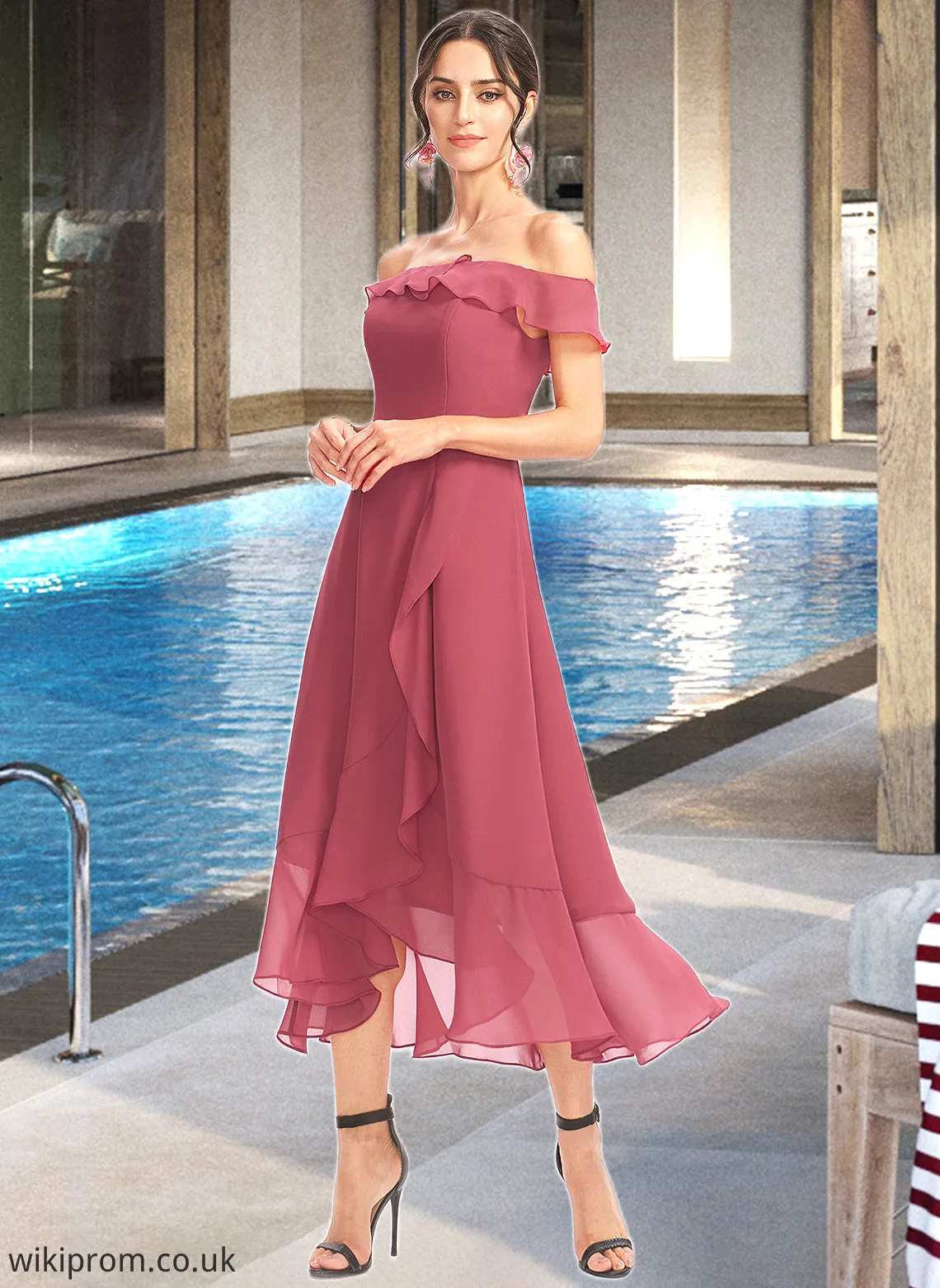 Jaelynn A-Line Off-the-Shoulder Tea-Length Bridesmaid Dress With Cascading Ruffles SWKP0013110