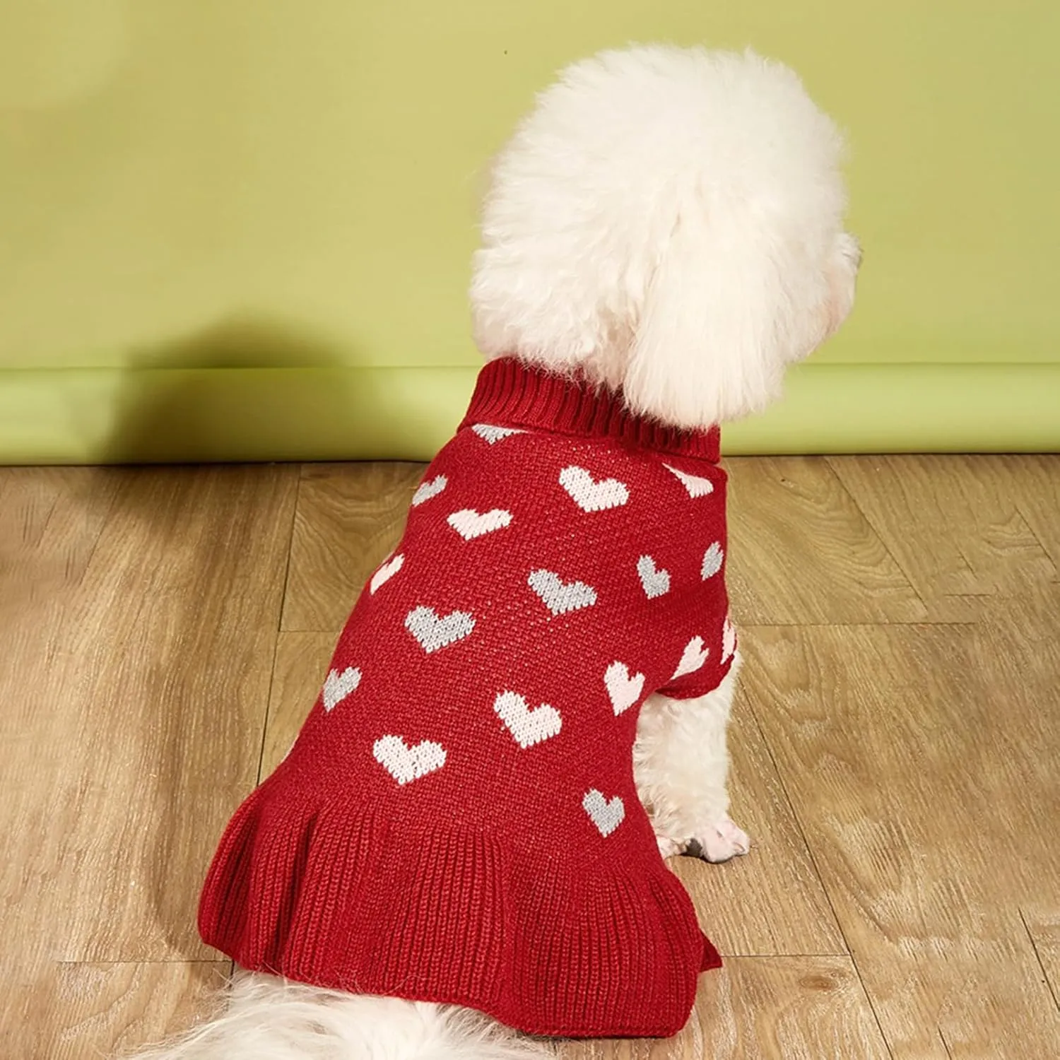 Jecikelon Heart Dog Sweater Dress Valentine's Day Puppy Clothes Knit Turtleneck Pet Outfits Warm Doggy Cat Winter Sweater Dresses for Small Dogs Girl (Medium, Red)