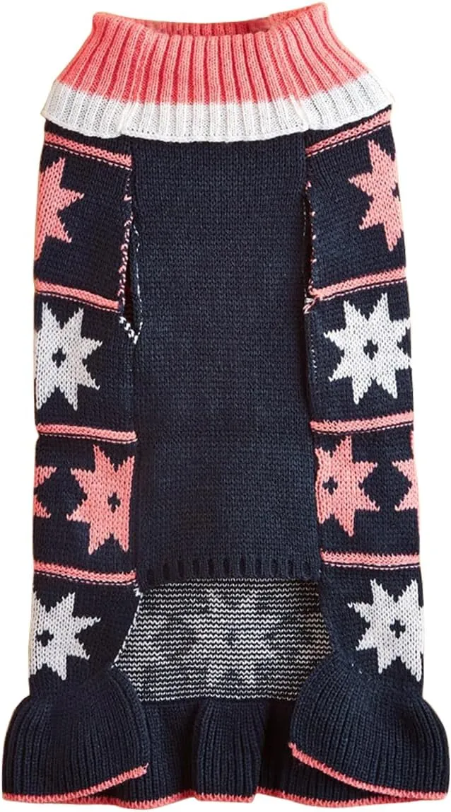 Jecikelon Pet Dog Sweaters for Small Dogs Dress with Snow Knitwear Turtleneck Pullover Dog Clothes Warm Winter Puppy Sweater Long Dresses (Navy, Small)
