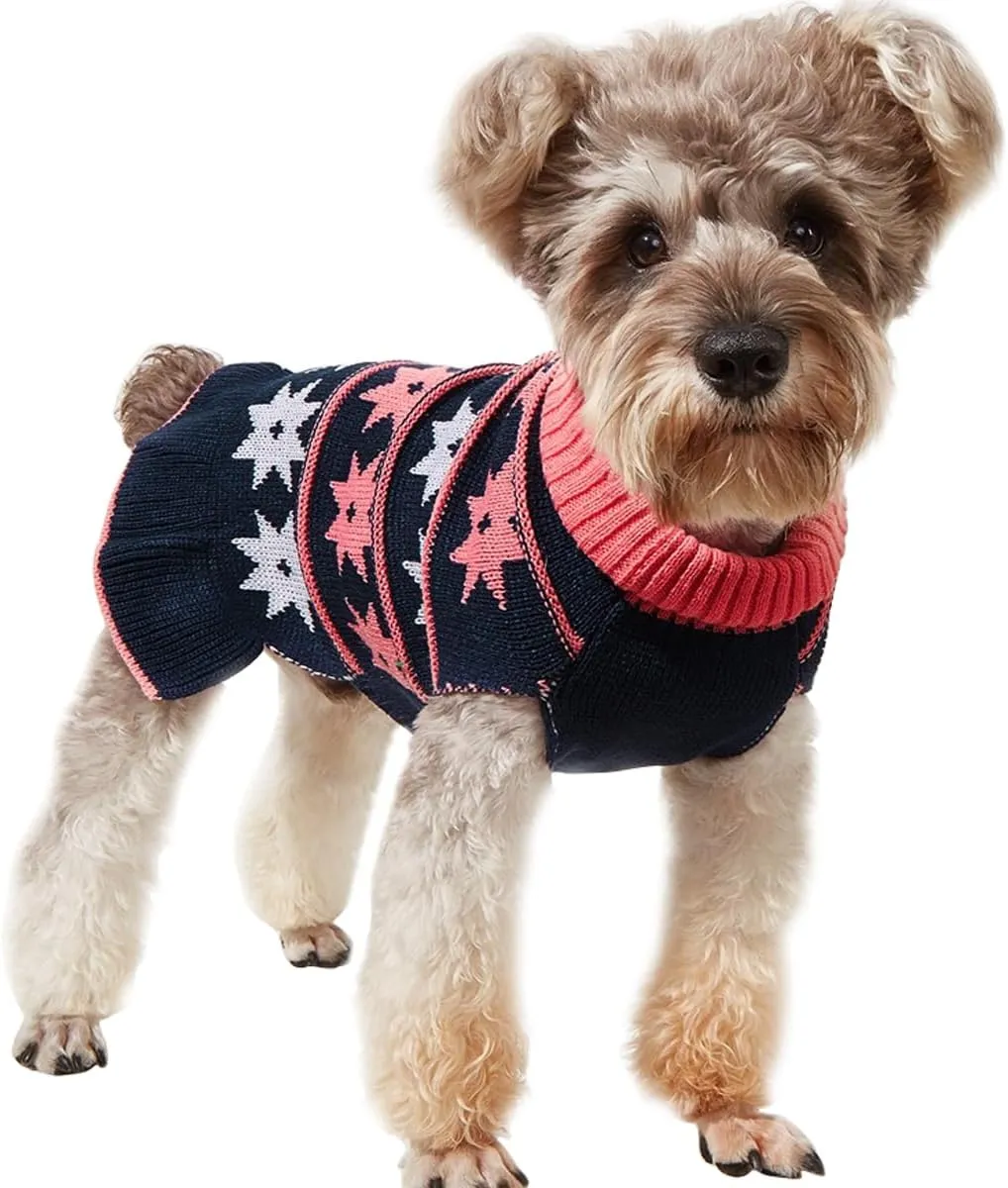 Jecikelon Pet Dog Sweaters for Small Dogs Dress with Snow Knitwear Turtleneck Pullover Dog Clothes Warm Winter Puppy Sweater Long Dresses (Navy, Small)