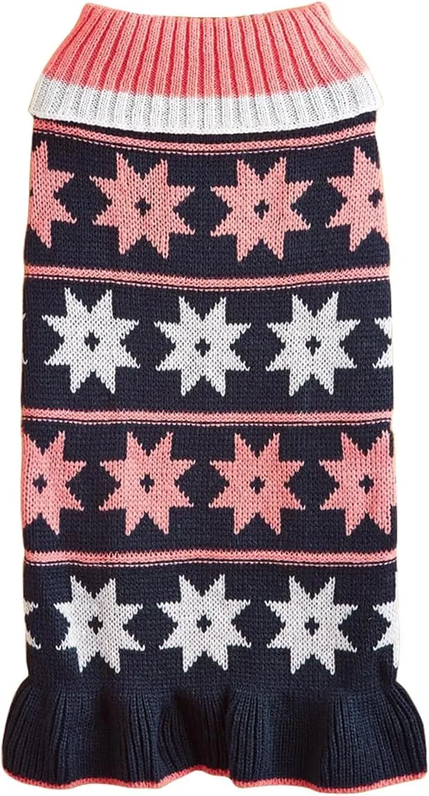 Jecikelon Pet Dog Sweaters for Small Dogs Dress with Snow Knitwear Turtleneck Pullover Dog Clothes Warm Winter Puppy Sweater Long Dresses (Navy, Small)
