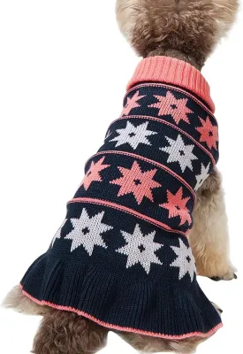 Jecikelon Pet Dog Sweaters for Small Dogs Dress with Snow Knitwear Turtleneck Pullover Dog Clothes Warm Winter Puppy Sweater Long Dresses (Navy, Small)