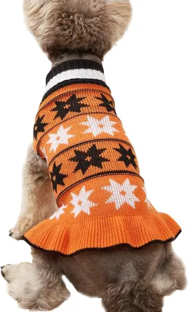 Jecikelon Pet Dog Sweaters for Small Dogs Dress with Snow Knitwear Turtleneck Pullover Dog Clothes Warm Winter Puppy Sweater Long Dresses (Orange, Small)
