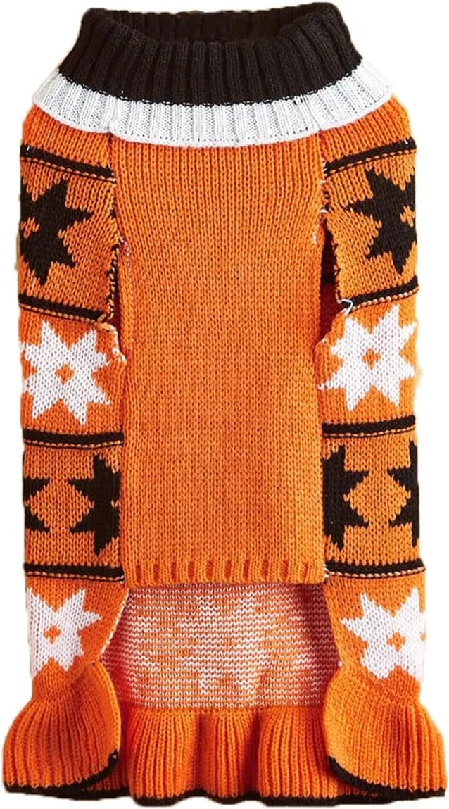 Jecikelon Pet Dog Sweaters for Small Dogs Dress with Snow Knitwear Turtleneck Pullover Dog Clothes Warm Winter Puppy Sweater Long Dresses (Orange, Small)