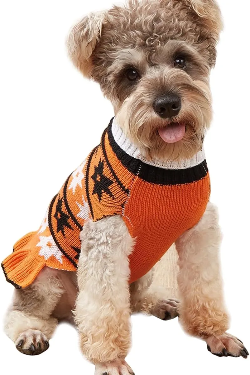 Jecikelon Pet Dog Sweaters for Small Dogs Dress with Snow Knitwear Turtleneck Pullover Dog Clothes Warm Winter Puppy Sweater Long Dresses (Orange, Small)