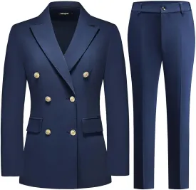 Lamgool Women Pants Suit Double Breasted 2 Piece Blazer Set Work Casual Jacket Outfits for Business