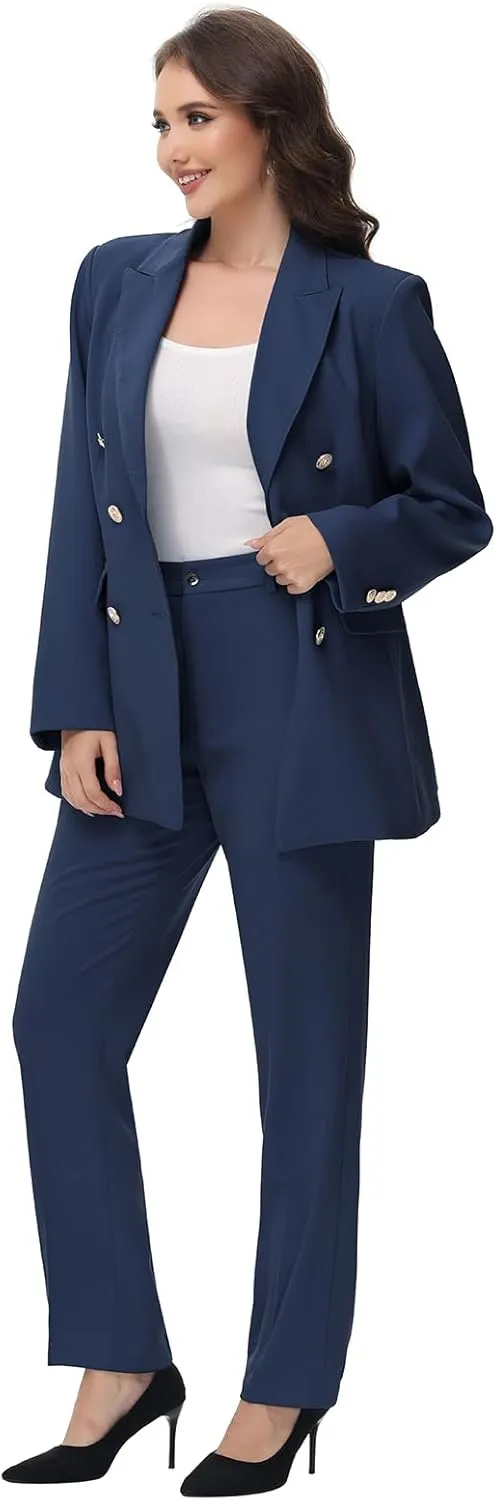 Lamgool Women Pants Suit Double Breasted 2 Piece Blazer Set Work Casual Jacket Outfits for Business