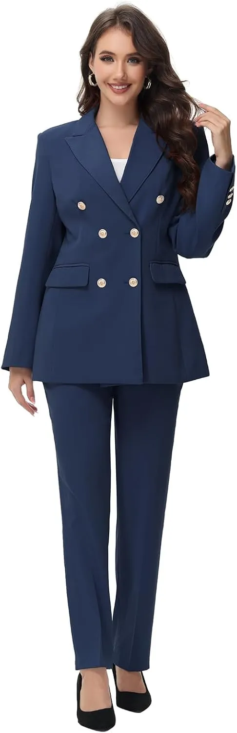 Lamgool Women Pants Suit Double Breasted 2 Piece Blazer Set Work Casual Jacket Outfits for Business