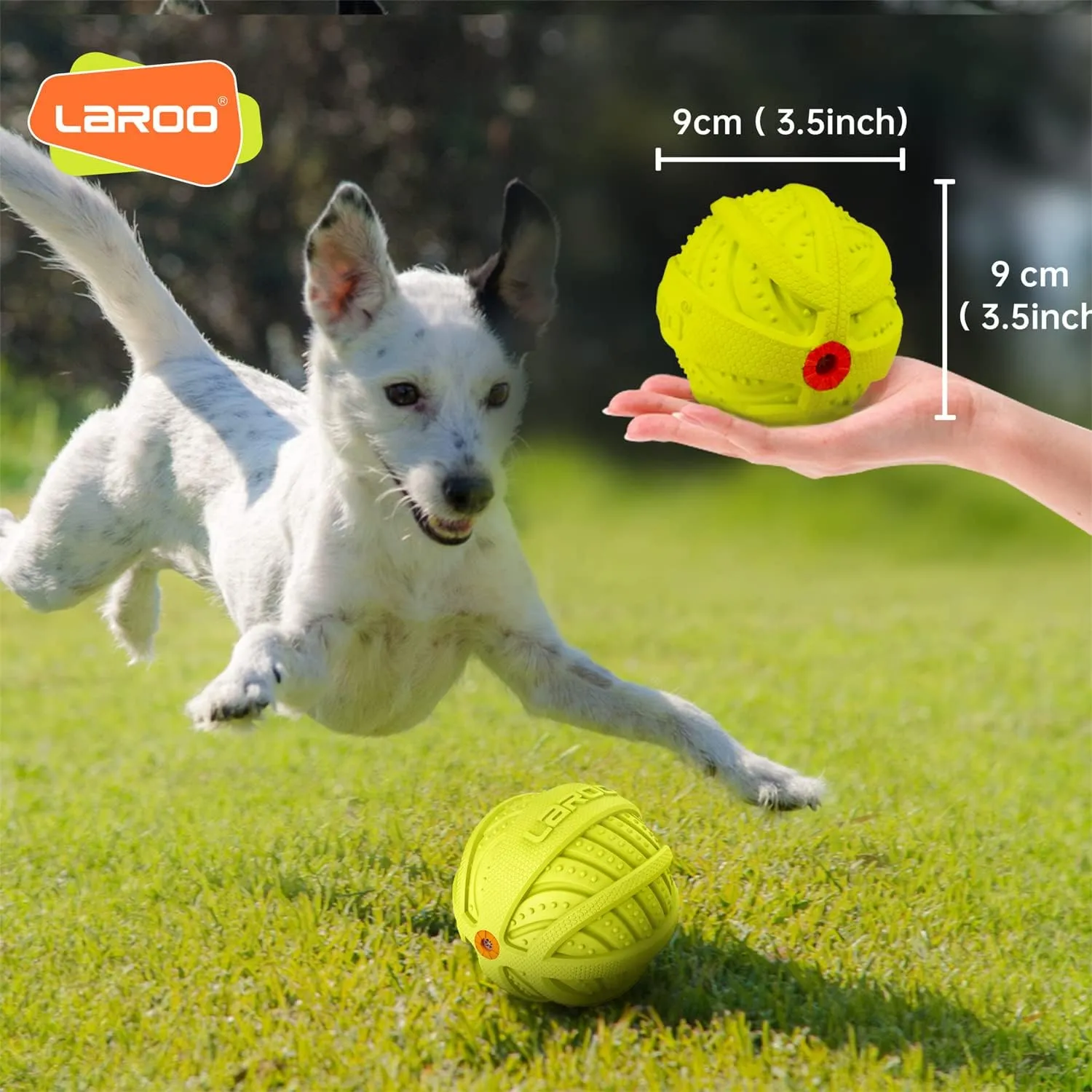 LaRoo Squeaky Dog Ball Toy,Durable Natural Rubber Squeaker Ball Throwing Training,Teeth Cleaning Chew Toy for Pet Medium and Large Dogs (3.5In Green)