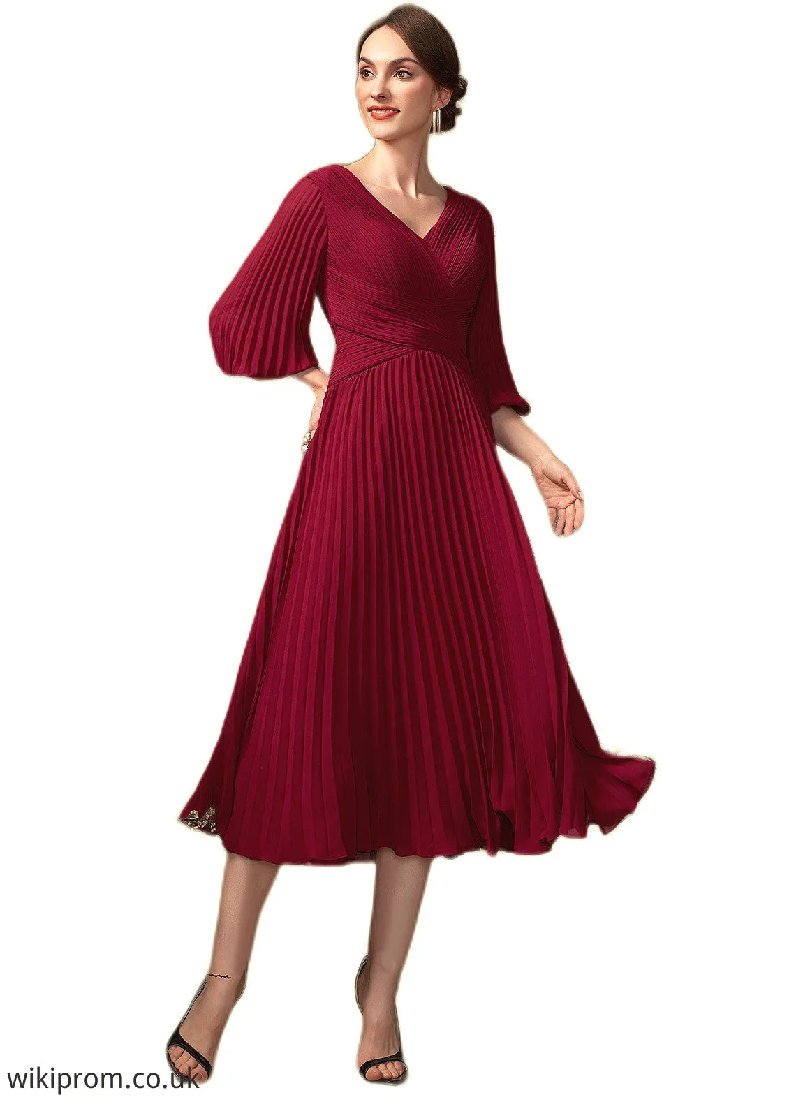 Lillie A-Line V-neck Tea-Length Chiffon Mother of the Bride Dress With Pleated SWK126P0014878