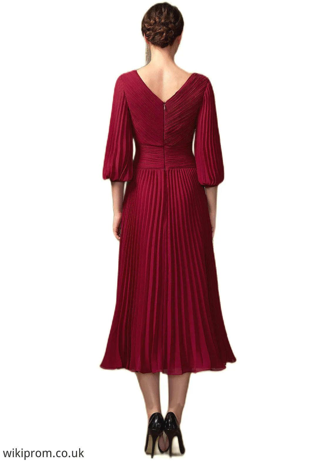Lillie A-Line V-neck Tea-Length Chiffon Mother of the Bride Dress With Pleated SWK126P0014878