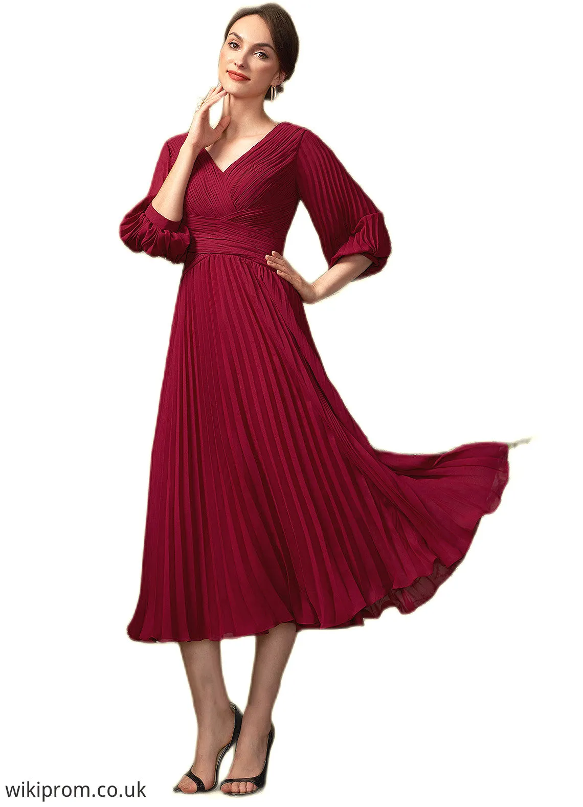 Lillie A-Line V-neck Tea-Length Chiffon Mother of the Bride Dress With Pleated SWK126P0014878