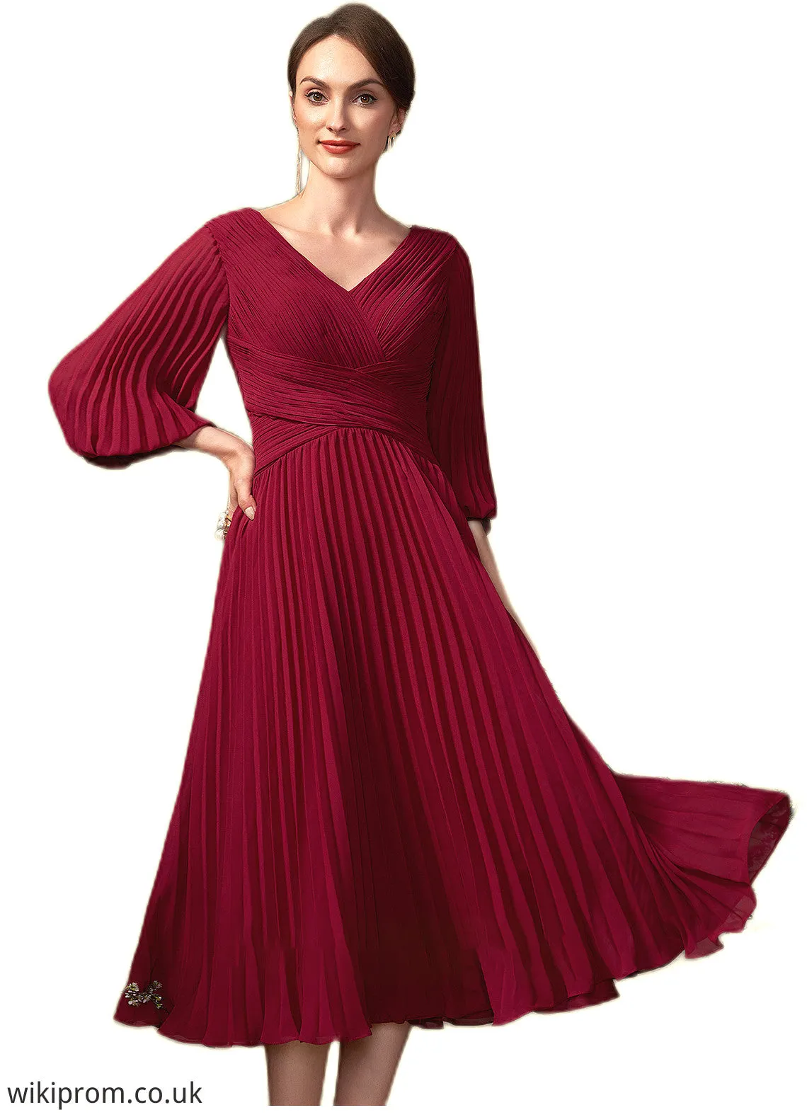 Lillie A-Line V-neck Tea-Length Chiffon Mother of the Bride Dress With Pleated SWK126P0014878