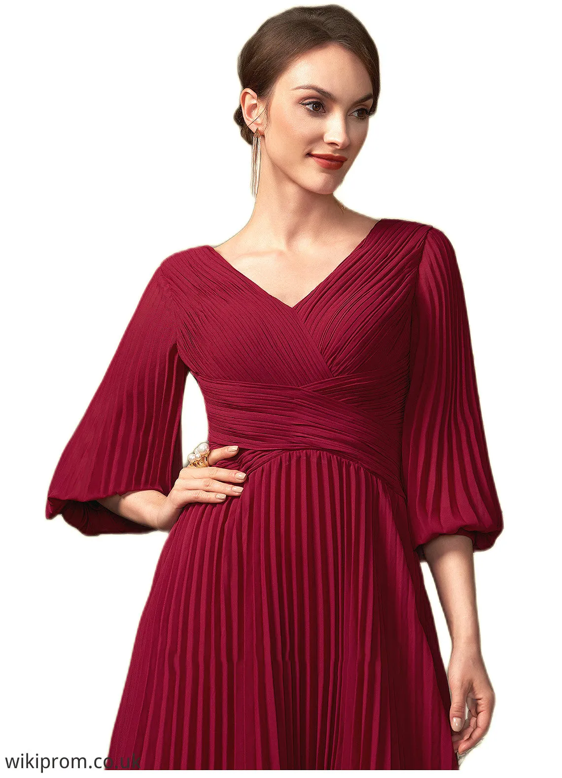 Lillie A-Line V-neck Tea-Length Chiffon Mother of the Bride Dress With Pleated SWK126P0014878