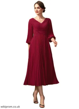 Lillie A-Line V-neck Tea-Length Chiffon Mother of the Bride Dress With Pleated SWK126P0014878