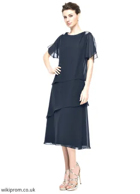 Linda A-Line Scoop Neck Tea-Length Chiffon Mother of the Bride Dress With Beading Sequins Cascading Ruffles SWK126P0014875