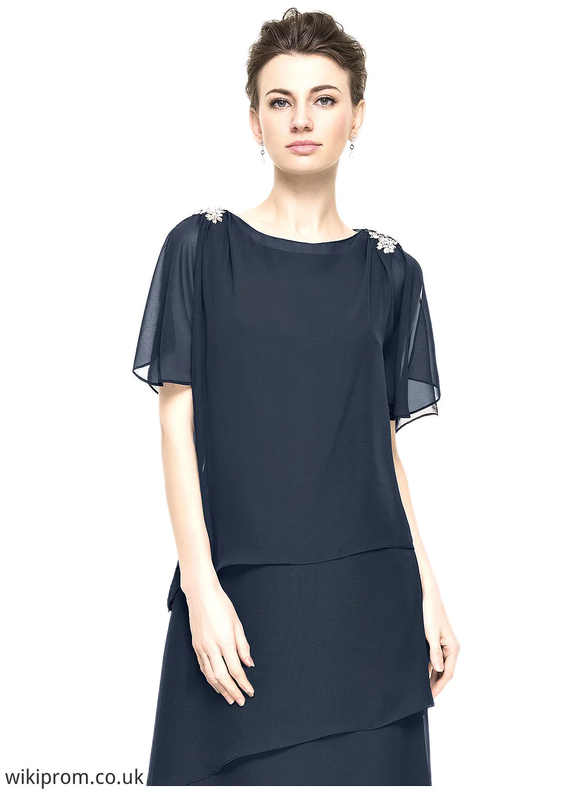 Linda A-Line Scoop Neck Tea-Length Chiffon Mother of the Bride Dress With Beading Sequins Cascading Ruffles SWK126P0014875