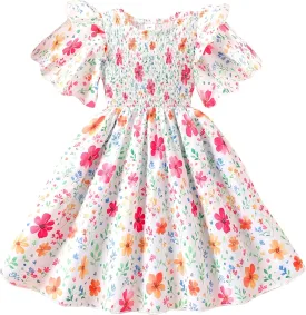 Little Girls Dress Ruffle Sleeve Floral Smocked Dresses Kids Casual Outfits Toddler Summer Tiered Boho Sundress 2-7T