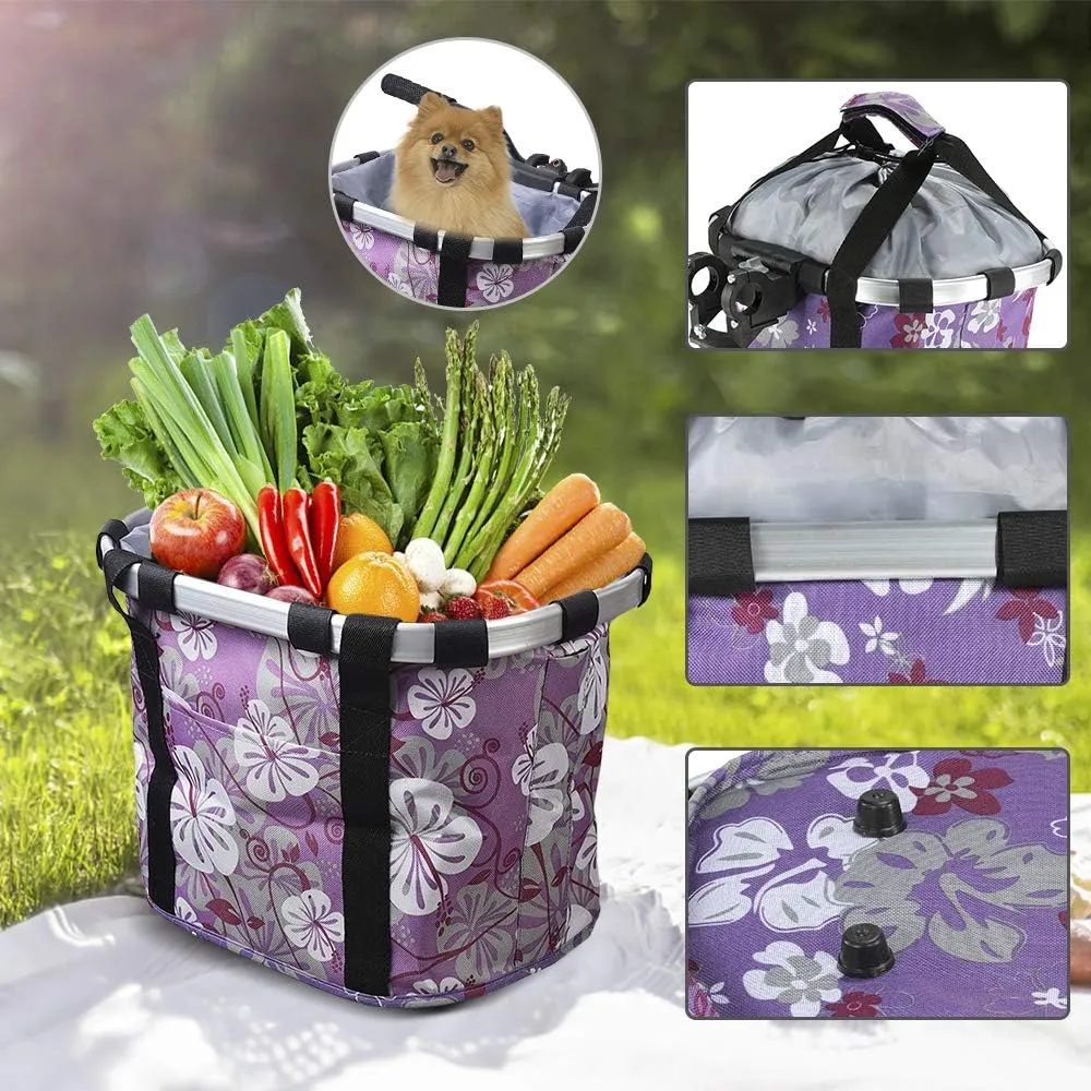 Lixada Bike Basket, Small Pet Cat Dog Carrier Bicycle Handlebar Front Basket Folding Detachable Removable Easy Install Quick Released Picnic Shopping Bag, Max. Bearing: 11lbs